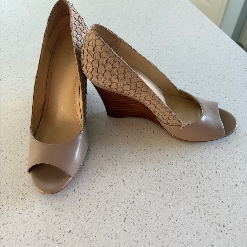 Calvin Klein Tan Wedge Peep-Toe Shoes